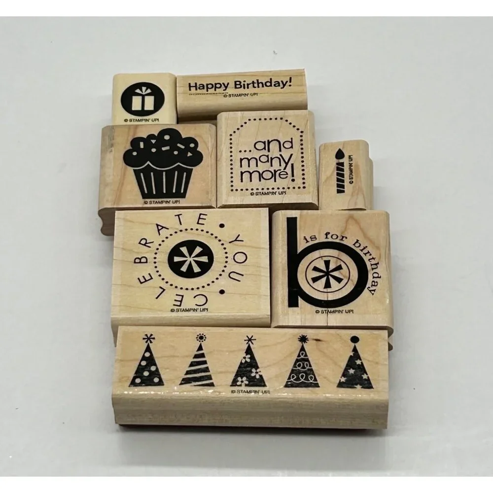 Stampin’ Up! 8pc Birthday Party Stamps Cupcakes Presents Hats Candles‎ Words